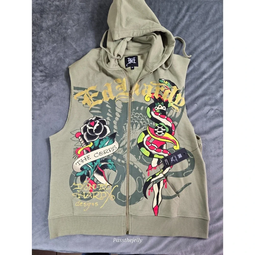 Ed Hardy Jacket Vest Mens Medium Full Zip Sleeveless‎ Dagger Tattoo Snake Hoodie